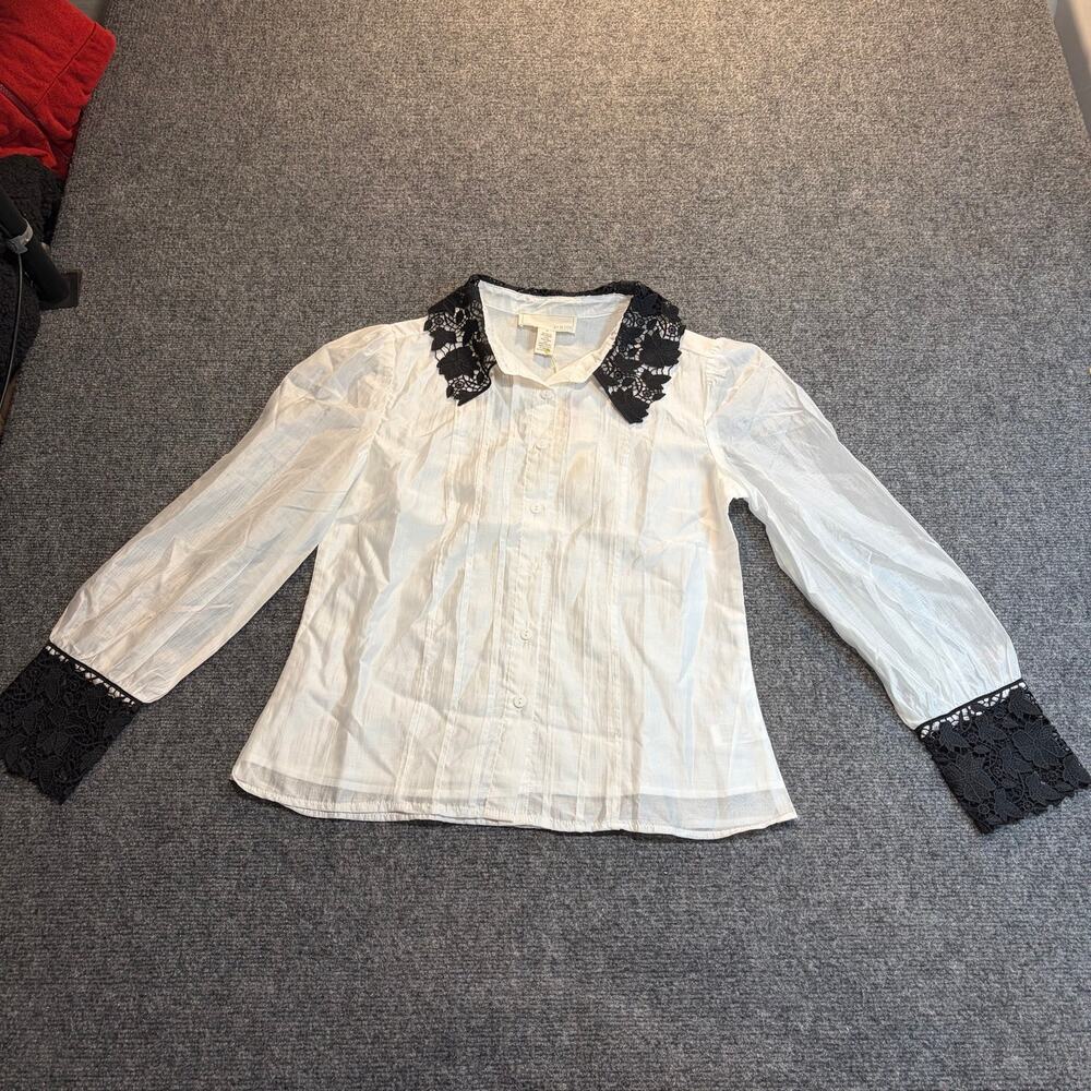 By Design White Long Sleeve Blouse Black Lace Collar Cuffs Top Size Medium NWT
